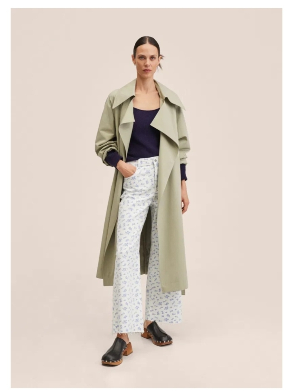 Mango Wide-Leg Floral Print Pants in White and Light Blue